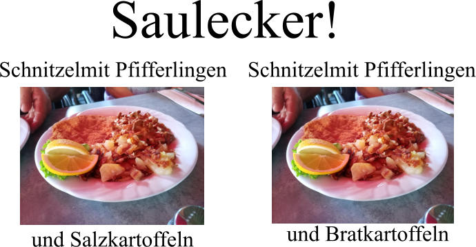 Saulecker! Schnitzelmit Pfifferlingen Schnitzelmit Pfifferlingen und Salzkartoffeln und Bratkartoffeln